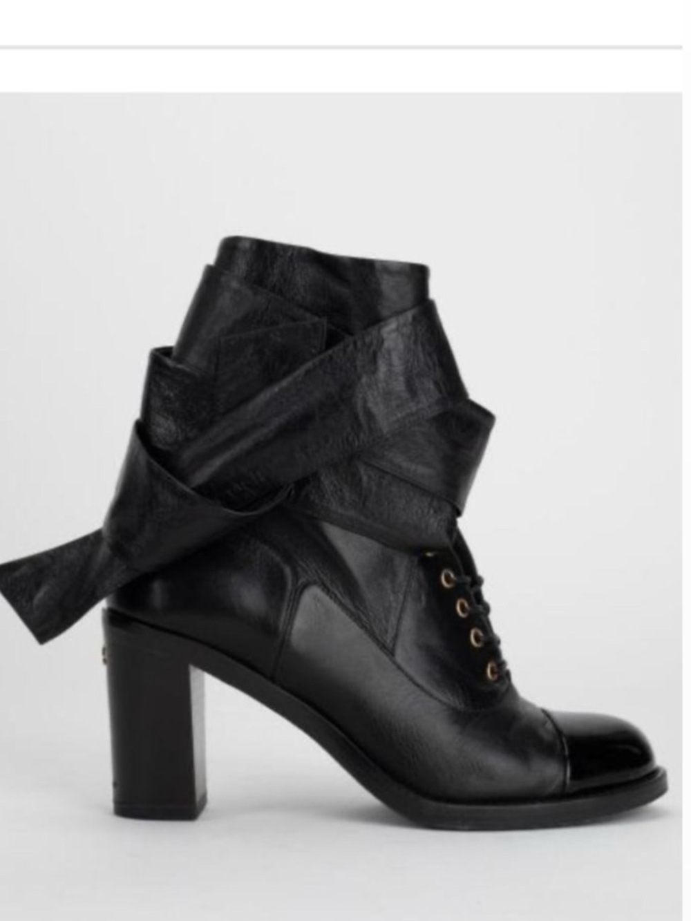 Chanel Lace-Up Ankle Boots Bow Wrap Black Leather Cap Toe Heeled Booties 37.5